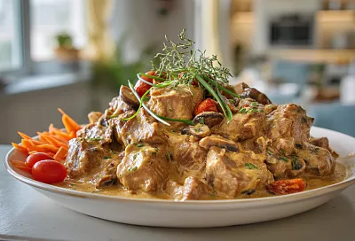 Готовлю праздничную свинину в сметанно-горчичном соусе с грибами: сочная, ароматная и на столе выглядит шикарно