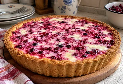 Пирог с брусникой и сметанной заливкой: нежный, сочный и ещё вкуснее на следующий день