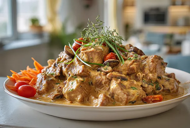 Готовлю праздничную свинину в сметанно-горчичном соусе с грибами: сочная, ароматная и на столе выглядит шикарно