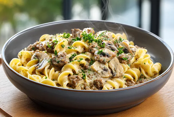 Сливочная паста с грибами и говяжьим фаршем — вкусный ужин за 20 минут