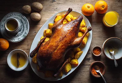 Удаляю лишний жир с гуся, вымачиваю в апельсиновом рассоле и запекаю с намазкой — получается яркая золотистая птица с сочным мясом