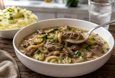 Беру говядину, лук и солёные огурцы, тушу по-самарски: мясо мягкое, соус бархатный