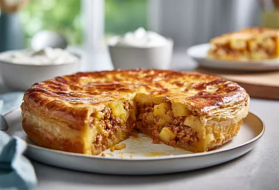 Заливной пирог на сковороде с мясной начинкой: сочный, пышный и без духовки