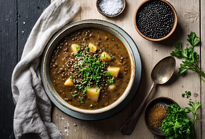 Варим чёрную чечевицу с овощами и специями — суп получается таким сытным!