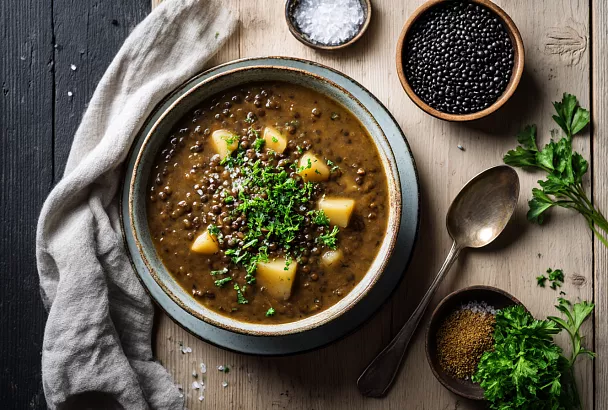 Варим чёрную чечевицу с овощами и специями — суп получается таким сытным!