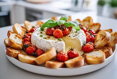 Запечённый камамбер с томатами стал хитом стола: гости мажут мягкий сыр на чесночный хлеб и не могут остановиться