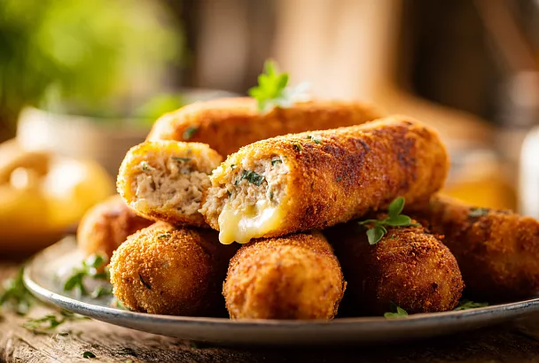 Куриные колбаски с сырно-крабовой начинкой сочнее котлет: завернула в панировку, и внутри расплавился сыр