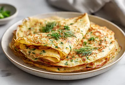 Тонкие блинчики с припёком: колбаса, сыр и зелень внутри — просто объедение