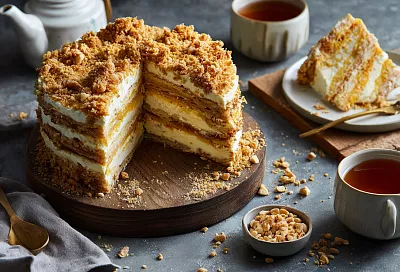 Домашний торт с песочными коржами и сметанным кремом: быстрый рецепт