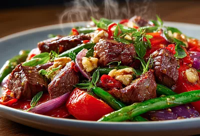 Мясо по-кавказски за 6 минут: сочная говядина с овощами и характером