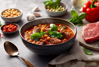 Говядина с нутом по-восточному: сочное рагу с запечённым перцем и томатами