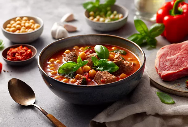 Говядина с нутом по-восточному: сочное рагу с запечённым перцем и томатами