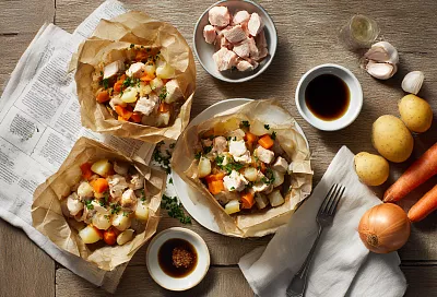 Режу курицу с картошкой, заворачиваю в пергамент — и за 25 минут на сковороде ужин сочнее, чем из духовки