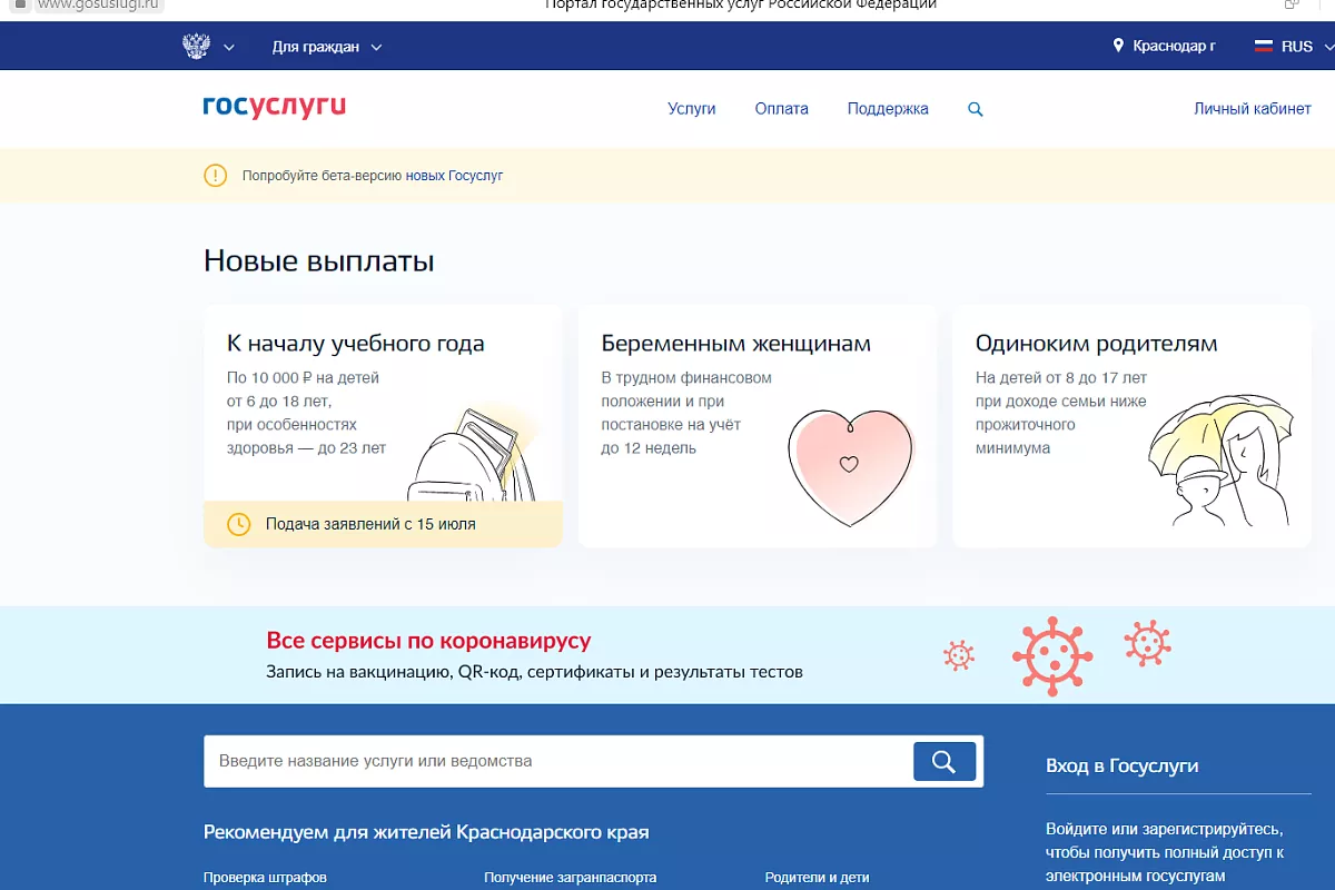 Для удобства пользователей разделы по новым видам социальных выплат уже отражены на главной странице портала Госуслуг.