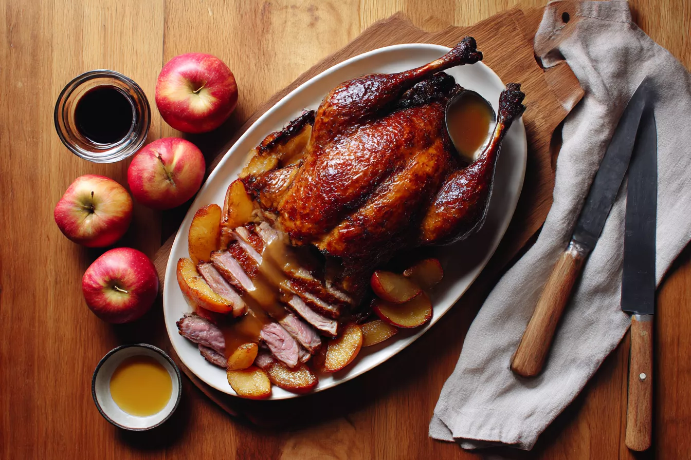 Вымачиваю утку в солёной воде, начиняю яблоками и запекаю в рукаве — мясо тает во рту с хрустящей корочкой