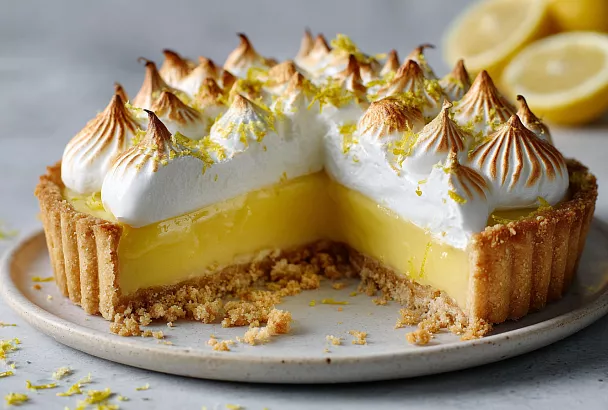 Песочный пирог с лимонным заварным кремом и меренгой сверху: нежный, ароматный и очень вкусный. Готовим без яиц в тесте