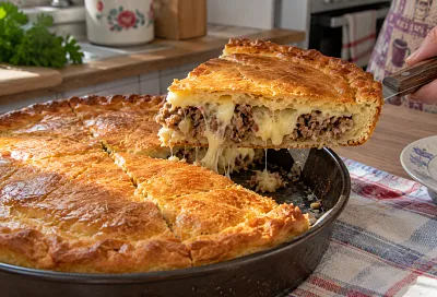 Пирог с мясом и картошкой на всю семью: мягкое тесто, сочная начинка и много сыра