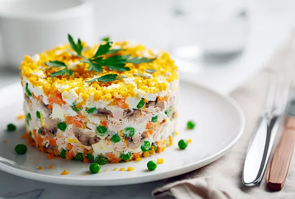 Сочный закусочный салат с копчёным мясом и грибами: проще некуда