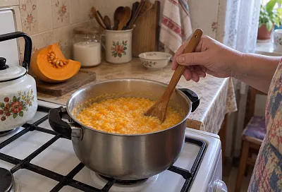 Варим тыкву с рисом и добавляем горячее молоко: каша выходит нежной и густой
