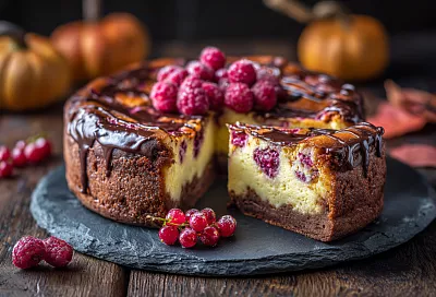 Шоколадный пирог с творожной начинкой и ягодами