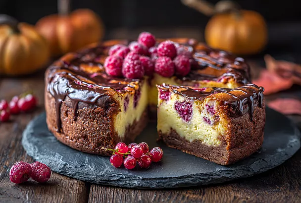 Шоколадный пирог с творожной начинкой и ягодами