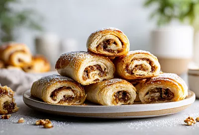 Ореховые рулеты из слоёного теста стали ещё сочнее: обжарили орехи для начинки, и аромат завораживает с первого кусочка