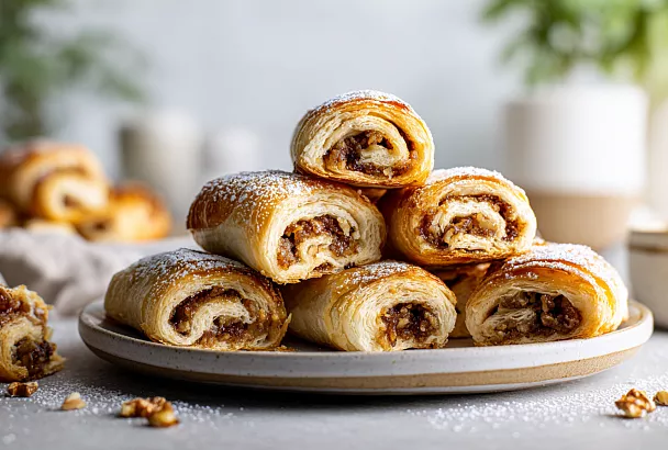 Ореховые рулеты из слоёного теста стали ещё сочнее: обжарили орехи для начинки, и аромат завораживает с первого кусочка