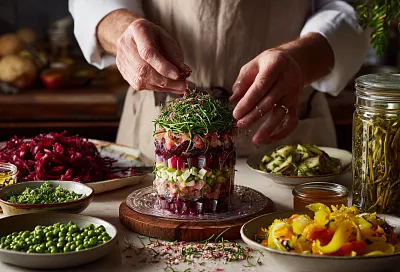 Винегрет по ГОСТу с «карпаччо» из пряной кильки: классика и чуть хулиганства