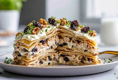 Закусочный торт из лаваша с курицей, грибами и сыром: яркий, сытный и очень вкусный