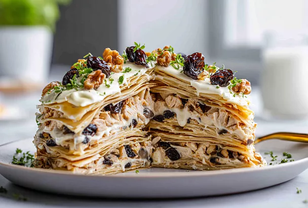 Закусочный торт из лаваша с курицей, грибами и сыром: яркий, сытный и очень вкусный
