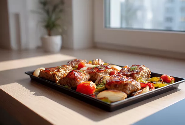 «Ленивые» котлеты из фарша в духовке: запекла вместе с овощами и беконом, и всё пропиталось дымным ароматом