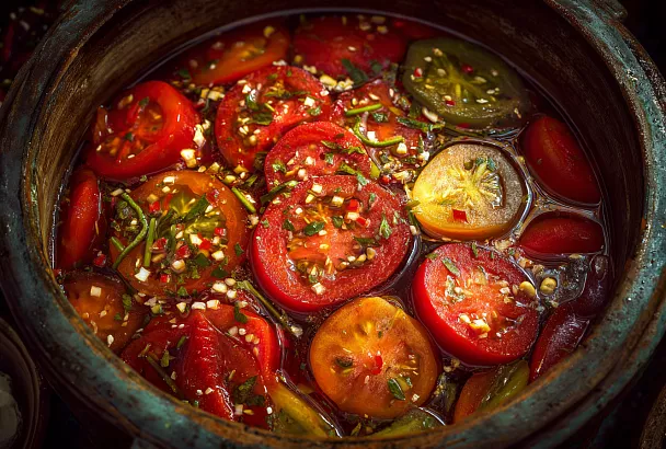 Нарезала бурые помидоры кружочками, залила перечно-чесночным маринадом — через 3 дня идеальная закуска