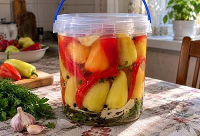 Прокалываем сладкий перец и кладём внутрь чеснок: квашеная закуска выходит хрустящей и ароматной