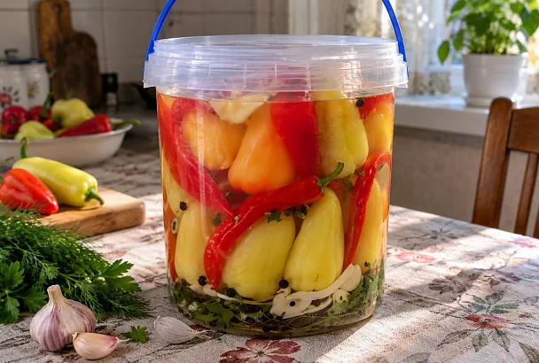 Прокалываем сладкий перец и кладём внутрь чеснок: квашеная закуска выходит хрустящей и ароматной