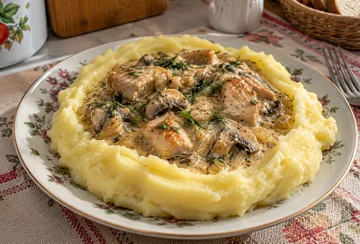 Заливаем курицу с грибами сливками и посыпаем сыром: блюдо выходит нежным и сочным