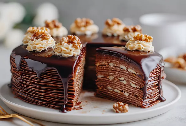 Торт из шоколадных блинчиков с творожно-сметанным кремом — нежный и очень вкусный