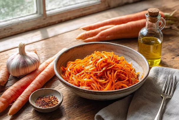 Натираю морковь, заливаю специи раскалённым маслом — и через час в холодильнике получается домашняя морковь по-корейски 