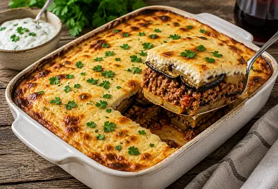 Выкладываю баклажаны, картофель и фарш слоями: греческая мусака получается нежной и сытной