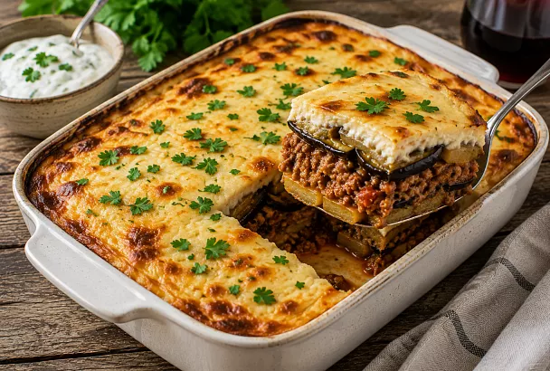 Выкладываю баклажаны, картофель и фарш слоями: греческая мусака получается нежной и сытной