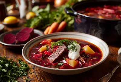 Мамин борщ с говяжьей грудинкой – красный, наваристый, яркого цвета за 2 часа