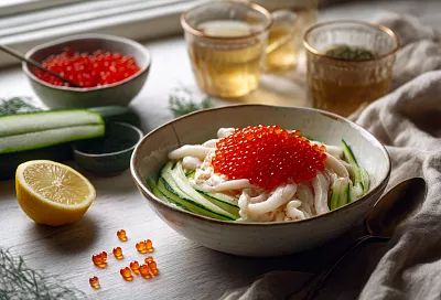 Отжимаю зимние огурцы, режу кальмара соломкой — и собираю новогодний салат с икрой