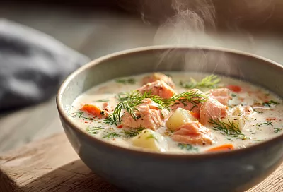 Уха по-фински с лососем и сливками: нежный, сливочный и очень ароматный суп