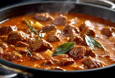 Гуляш «столовка»: мясо в луковом соусе со сметаной и томатом