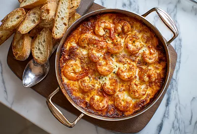 Креветки, запечённые с помидорами, сливками и сыром: быстрый ужин из духовки