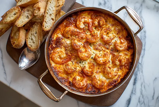 Креветки, запечённые с помидорами, сливками и сыром: быстрый ужин из духовки