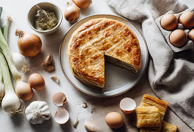 Запекаю два слоя слоёного теста, кладу нежнейший печёночный паштет с луком — и на столе праздничный закусочный торт красивее Наполеона