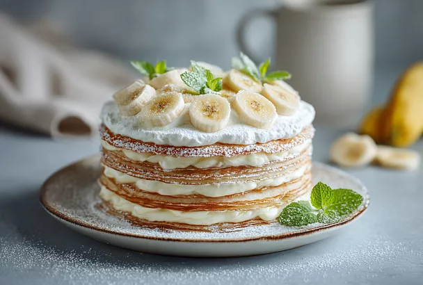 Блинный торт с банановым кремом — нежный, вкусный и очень простой на Масленицу