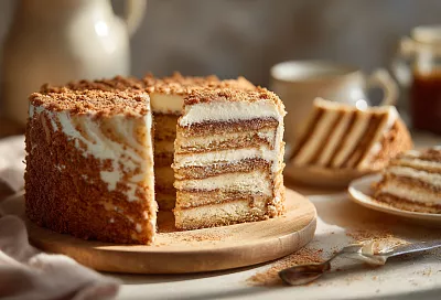 Двухцветный торт на кефире без весов: нежный, сочный и готовится за полчаса