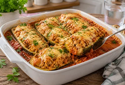 Наполняют кабачки куриным фаршем и рисом: получаются сочные лодочки с аппетитной сырной корочкой