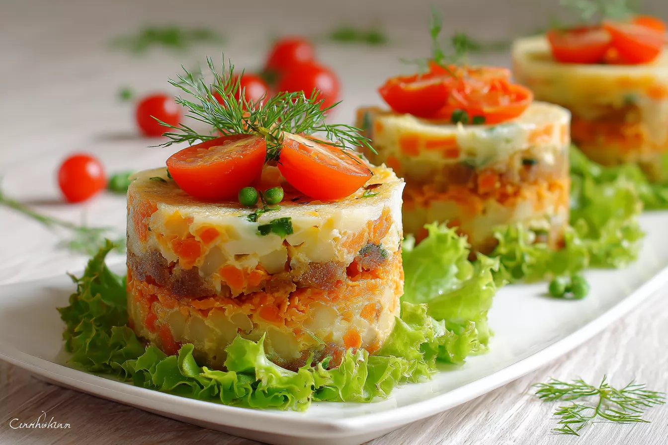 Новогодний салат с куриной печенью: добавила зажарку с морковью и солёные огурцы, и на столе порционные тортики 